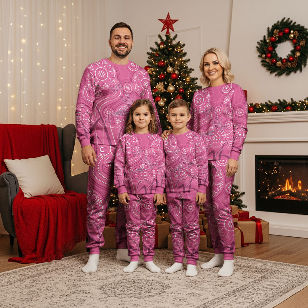 Australia Indigenous Pink Month Christmas Pajama Set Breast Cancer Aboriginal Dragonflies Ribbon