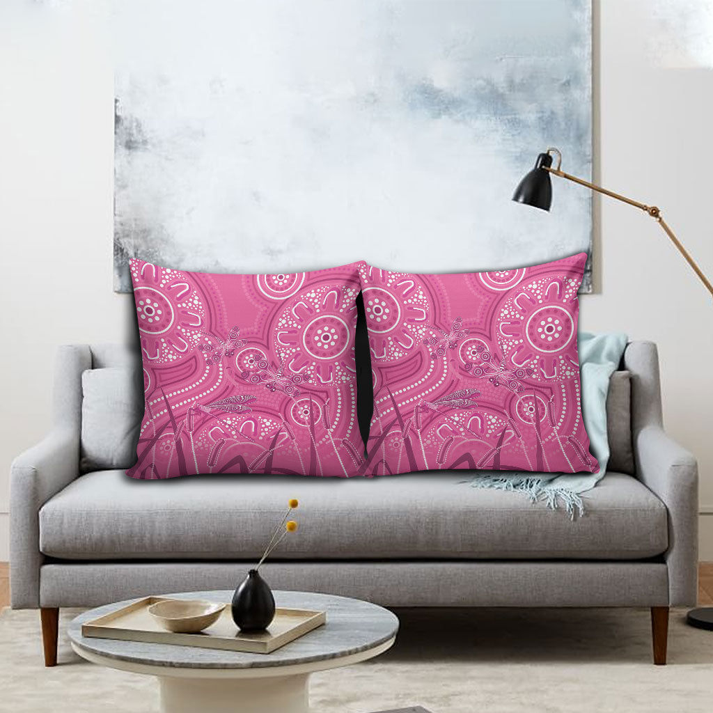 Australia Indigenous Pink Month Pillow Cover Breast Cancer Aboriginal Dragonflies Ribbon