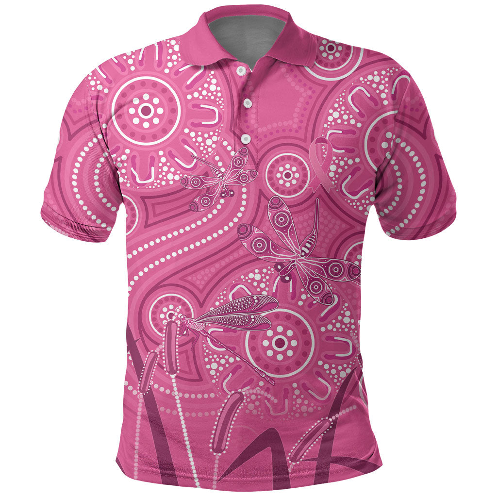 Australia Indigenous Pink Month Polo Shirt Breast Cancer Aboriginal Dragonflies Ribbon