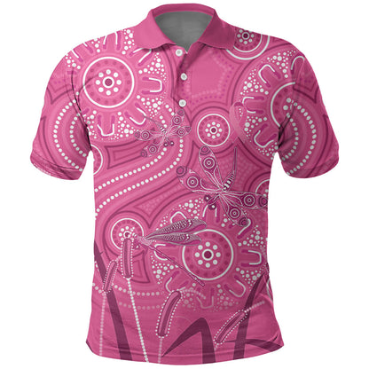 Australia Indigenous Pink Month Polo Shirt Breast Cancer Aboriginal Dragonflies Ribbon