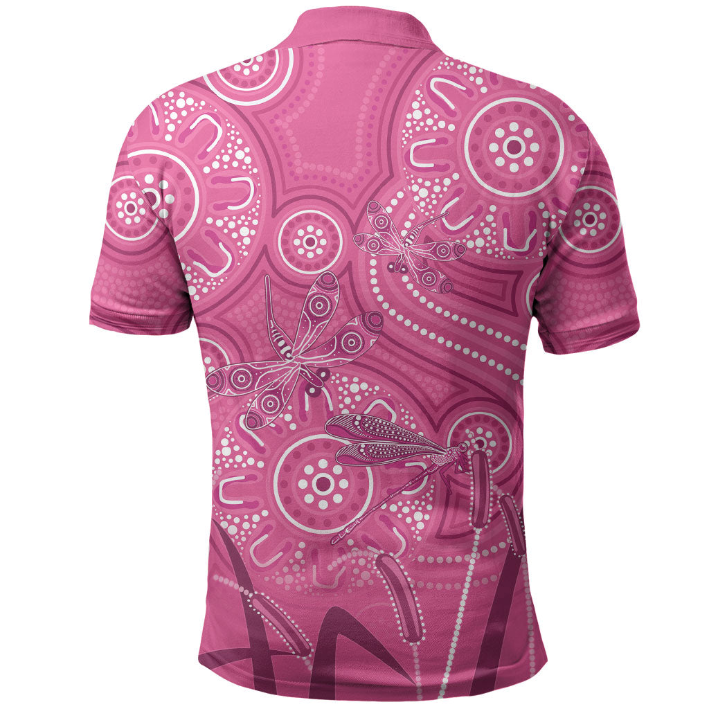 Australia Indigenous Pink Month Polo Shirt Breast Cancer Aboriginal Dragonflies Ribbon