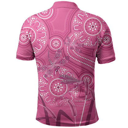 Australia Indigenous Pink Month Polo Shirt Breast Cancer Aboriginal Dragonflies Ribbon