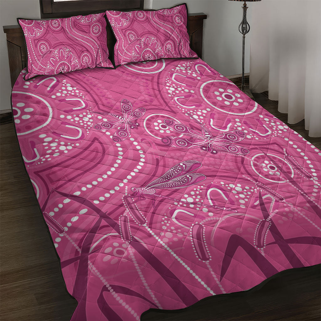 Australia Indigenous Pink Month Quilt Bed Set Breast Cancer Aboriginal Dragonflies Ribbon