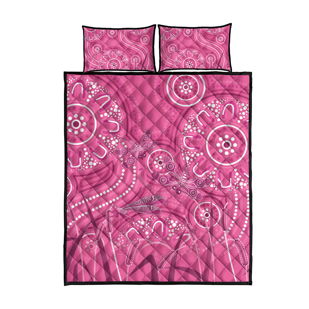 Australia Indigenous Pink Month Quilt Bed Set Breast Cancer Aboriginal Dragonflies Ribbon
