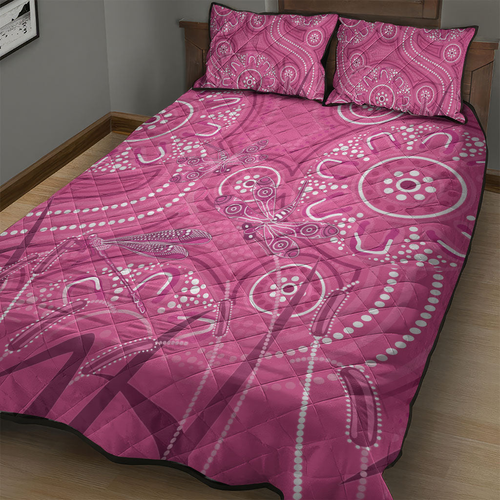 Australia Indigenous Pink Month Quilt Bed Set Breast Cancer Aboriginal Dragonflies Ribbon