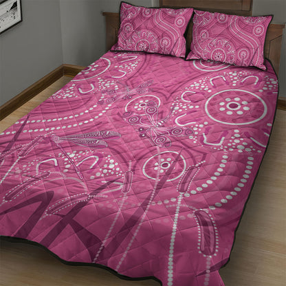 Australia Indigenous Pink Month Quilt Bed Set Breast Cancer Aboriginal Dragonflies Ribbon