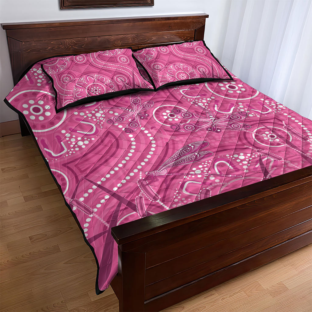 Australia Indigenous Pink Month Quilt Bed Set Breast Cancer Aboriginal Dragonflies Ribbon