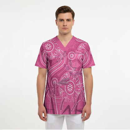 Australia Indigenous Pink Month Scrub Top Breast Cancer Aboriginal Dragonflies Ribbon