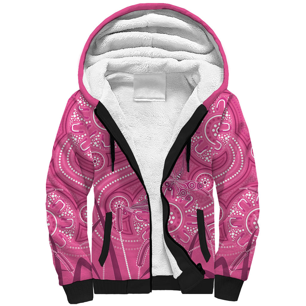 Australia Indigenous Pink Month Sherpa Hoodie Breast Cancer Aboriginal Dragonflies Ribbon