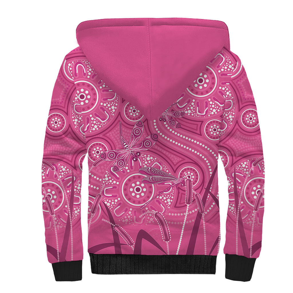 Australia Indigenous Pink Month Sherpa Hoodie Breast Cancer Aboriginal Dragonflies Ribbon