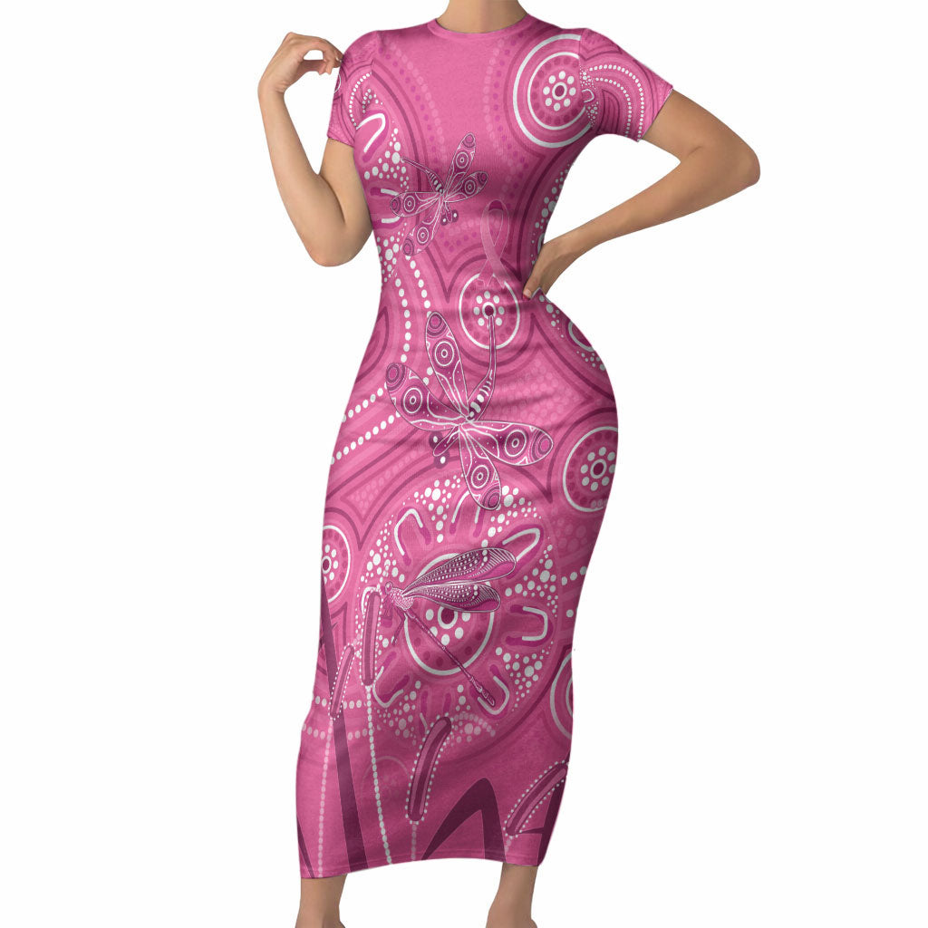 Australia Indigenous Pink Month Short Sleeve Bodycon Dress Breast Cancer Aboriginal Dragonflies Ribbon