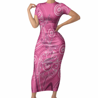 Australia Indigenous Pink Month Short Sleeve Bodycon Dress Breast Cancer Aboriginal Dragonflies Ribbon