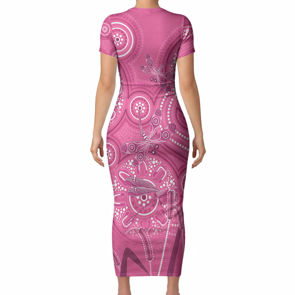 Australia Indigenous Pink Month Short Sleeve Bodycon Dress Breast Cancer Aboriginal Dragonflies Ribbon