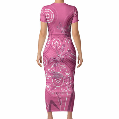 Australia Indigenous Pink Month Short Sleeve Bodycon Dress Breast Cancer Aboriginal Dragonflies Ribbon