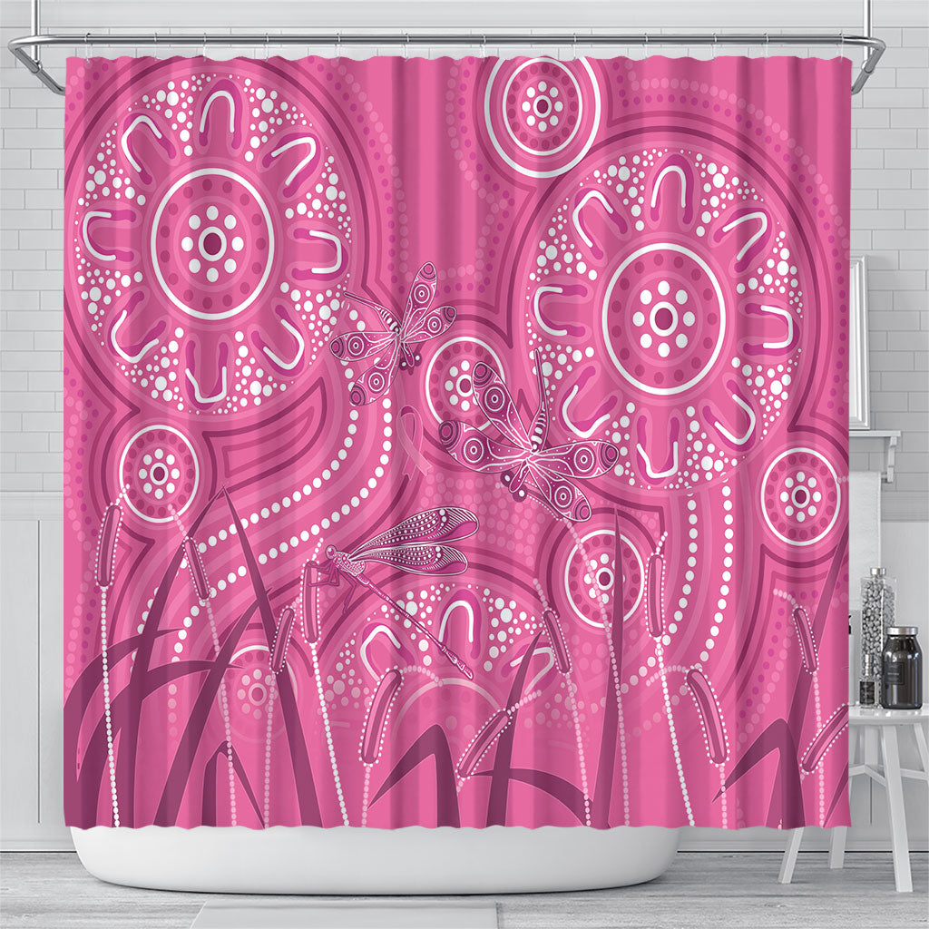 Australia Indigenous Pink Month Shower Curtain Breast Cancer Aboriginal Dragonflies Ribbon