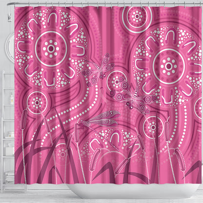 Australia Indigenous Pink Month Shower Curtain Breast Cancer Aboriginal Dragonflies Ribbon