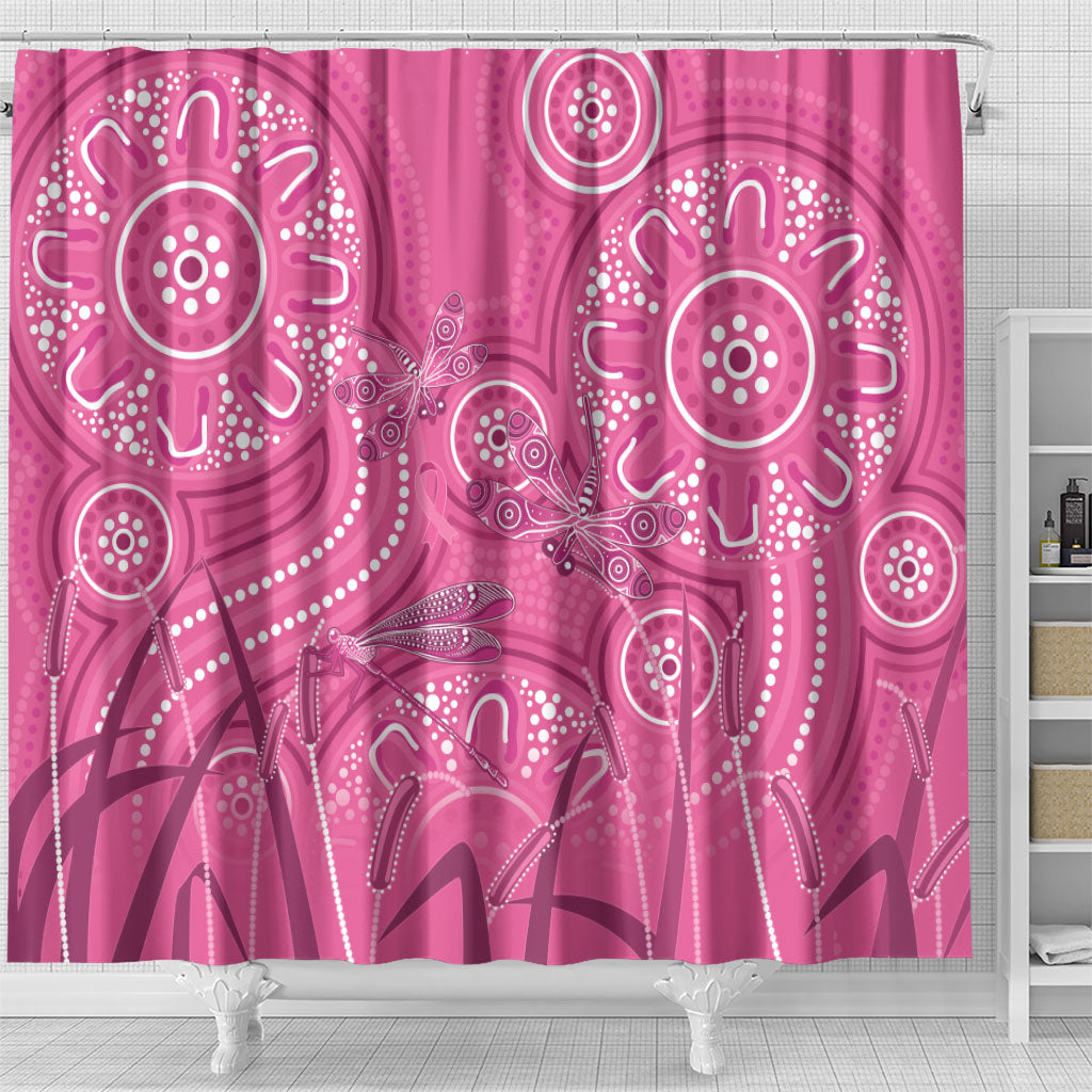 Australia Indigenous Pink Month Shower Curtain Breast Cancer Aboriginal Dragonflies Ribbon