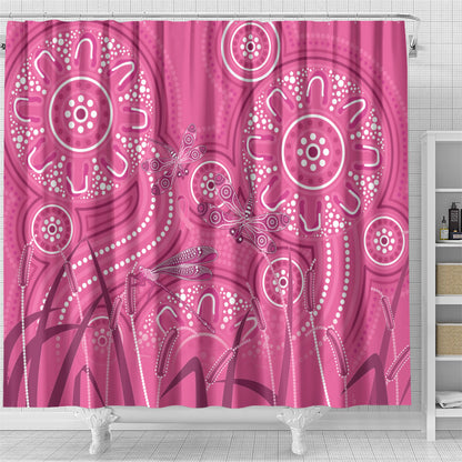 Australia Indigenous Pink Month Shower Curtain Breast Cancer Aboriginal Dragonflies Ribbon