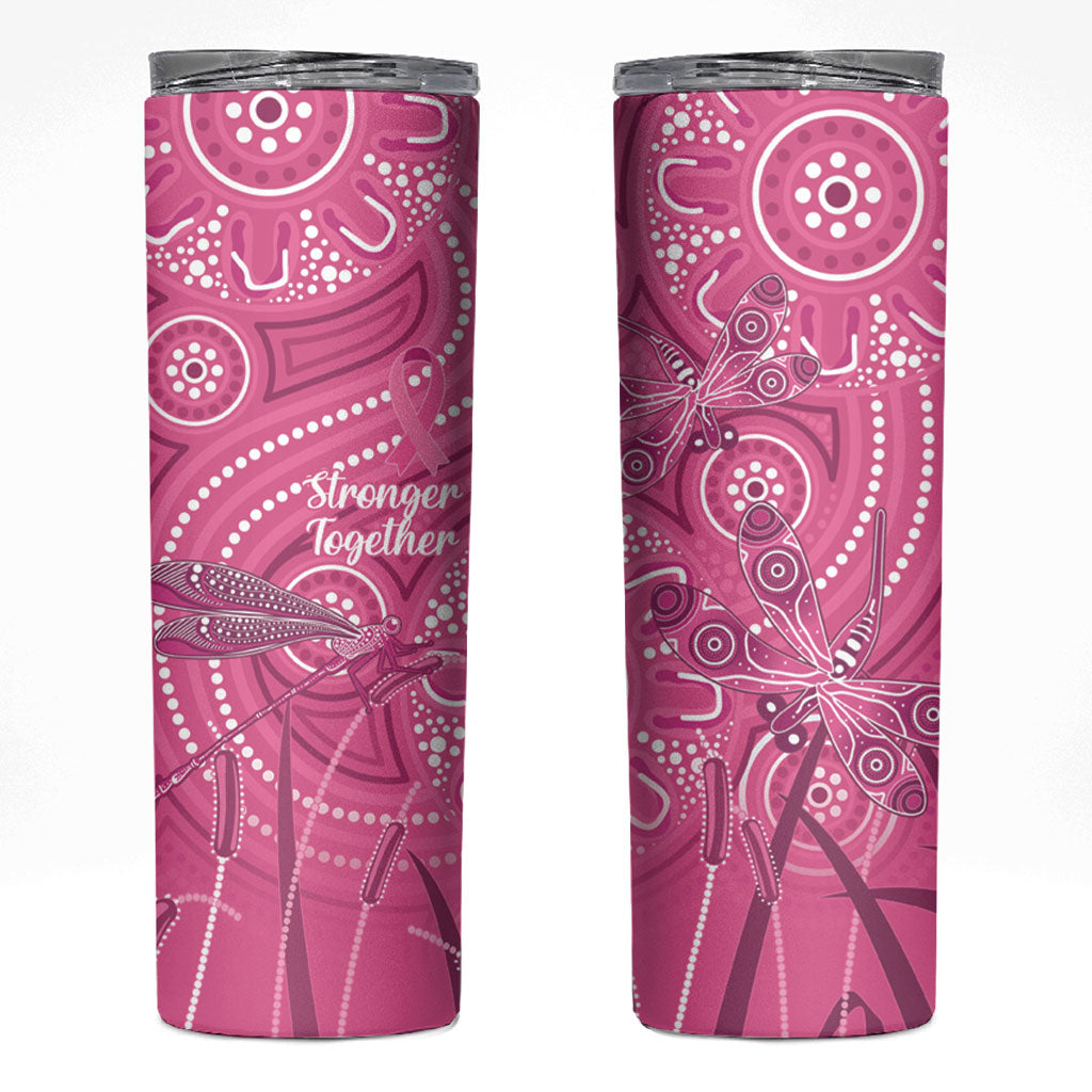Australia Indigenous Pink Month Skinny Tumbler Breast Cancer Aboriginal Dragonflies Ribbon