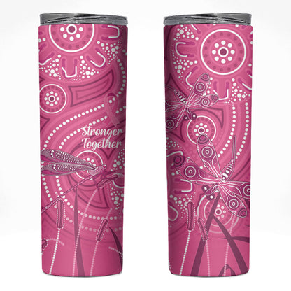 Australia Indigenous Pink Month Skinny Tumbler Breast Cancer Aboriginal Dragonflies Ribbon