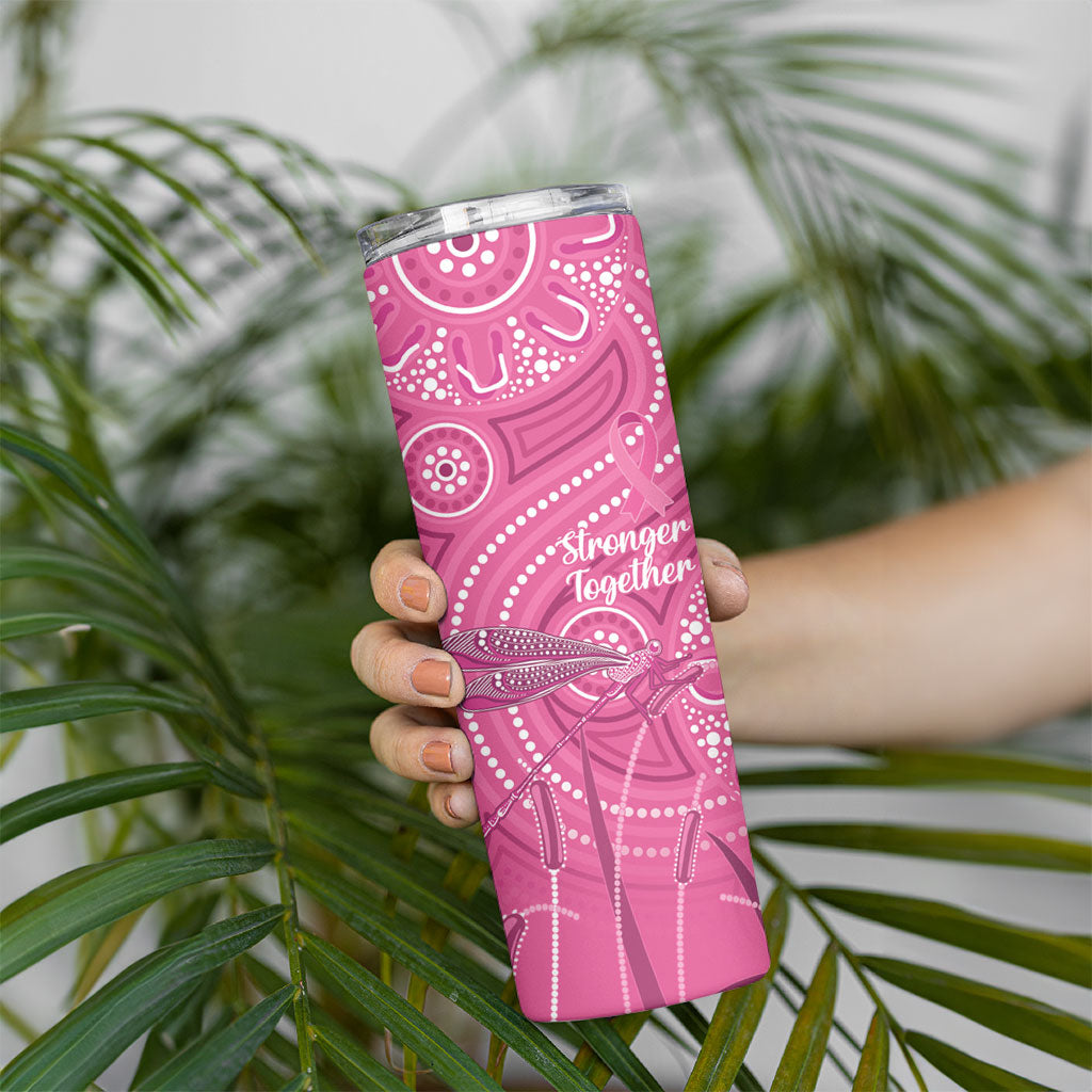 Australia Indigenous Pink Month Skinny Tumbler Breast Cancer Aboriginal Dragonflies Ribbon