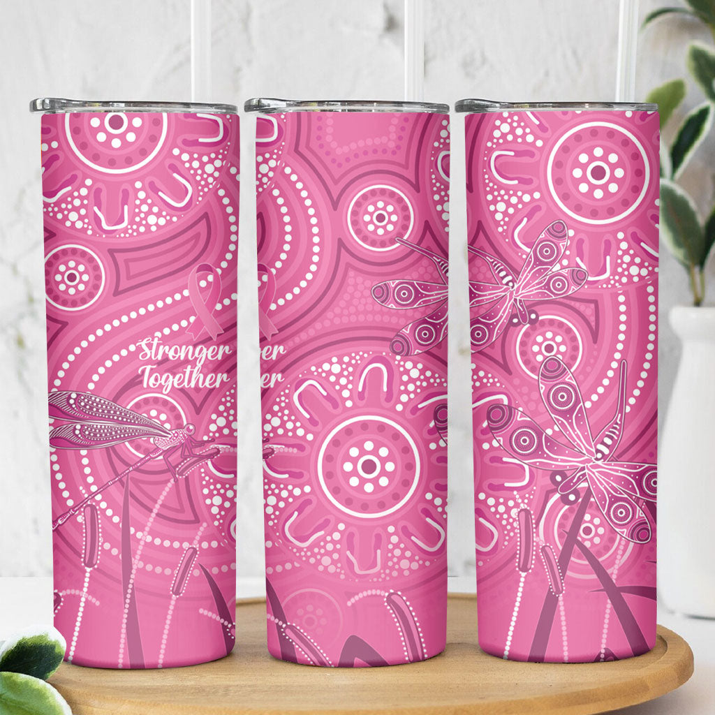 Australia Indigenous Pink Month Skinny Tumbler Breast Cancer Aboriginal Dragonflies Ribbon