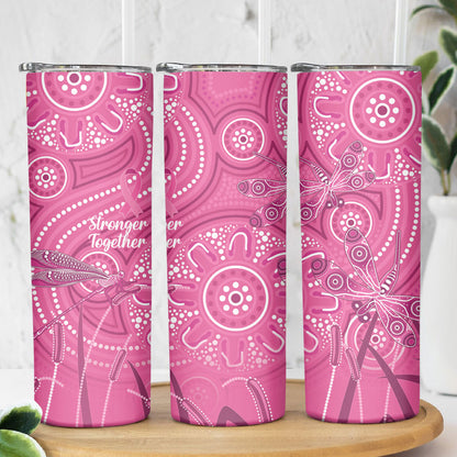 Australia Indigenous Pink Month Skinny Tumbler Breast Cancer Aboriginal Dragonflies Ribbon