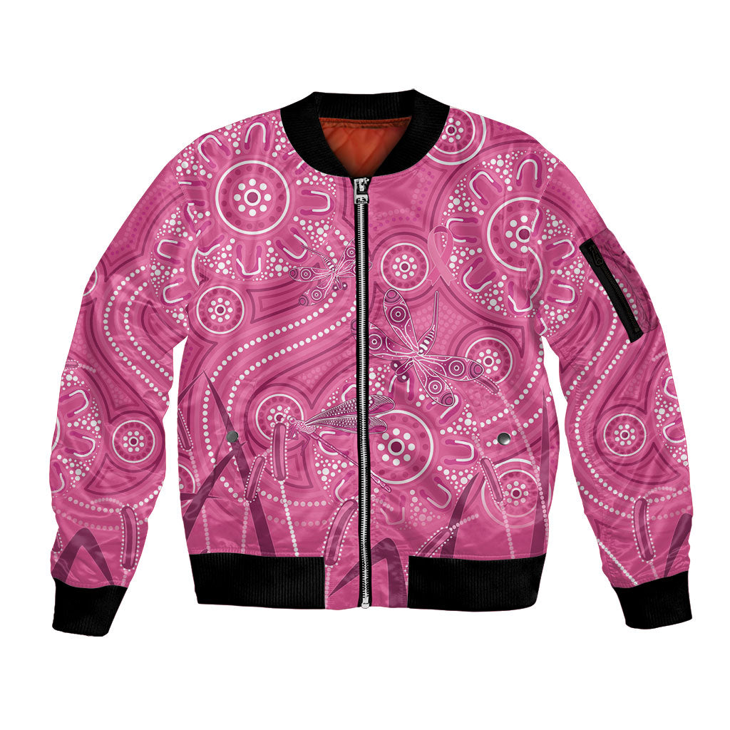Australia Indigenous Pink Month Sleeve Zip Bomber Jacket Breast Cancer Aboriginal Dragonflies Ribbon