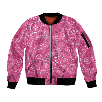Australia Indigenous Pink Month Sleeve Zip Bomber Jacket Breast Cancer Aboriginal Dragonflies Ribbon