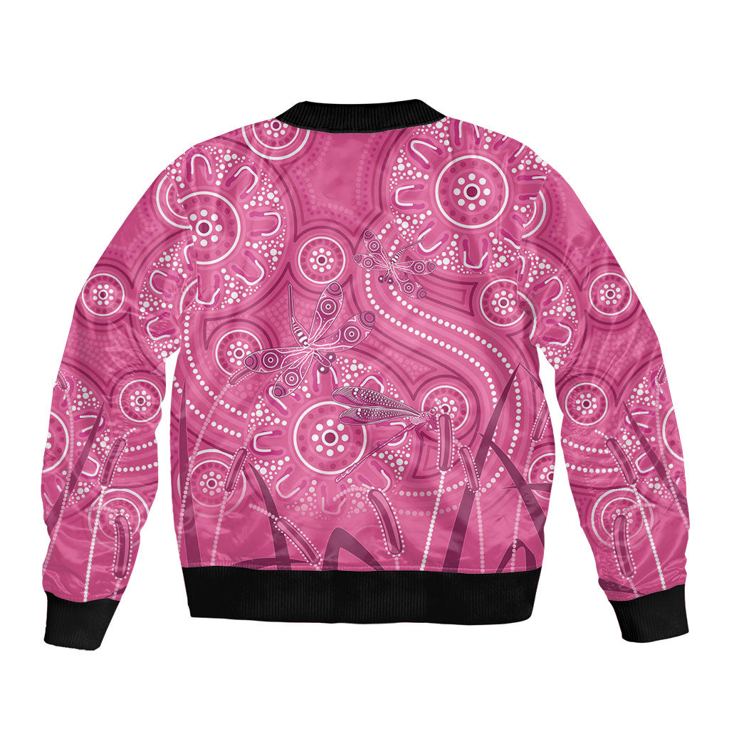 Australia Indigenous Pink Month Sleeve Zip Bomber Jacket Breast Cancer Aboriginal Dragonflies Ribbon