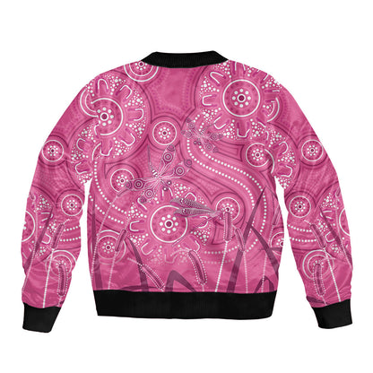 Australia Indigenous Pink Month Sleeve Zip Bomber Jacket Breast Cancer Aboriginal Dragonflies Ribbon