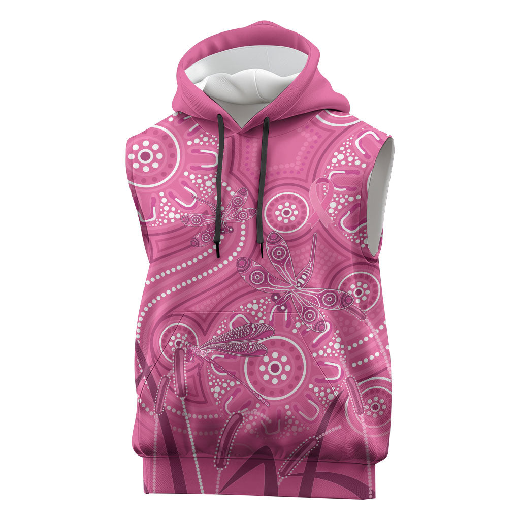 Australia Indigenous Pink Month Sleeveless Hoodie Breast Cancer Aboriginal Dragonflies Ribbon