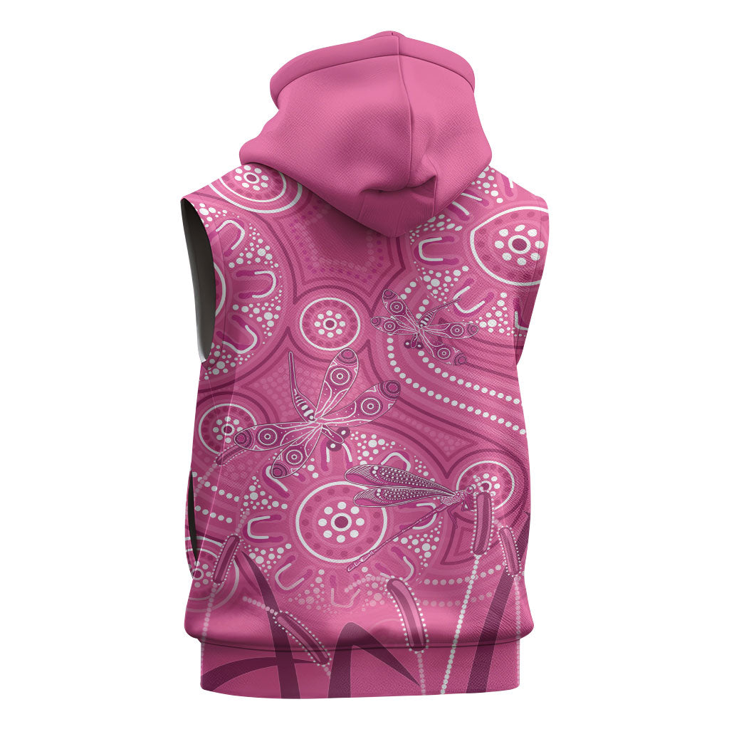 Australia Indigenous Pink Month Sleeveless Hoodie Breast Cancer Aboriginal Dragonflies Ribbon