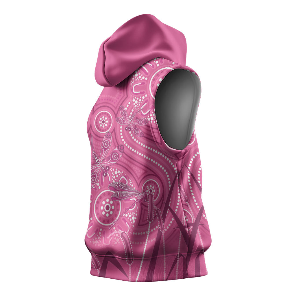 Australia Indigenous Pink Month Sleeveless Hoodie Breast Cancer Aboriginal Dragonflies Ribbon