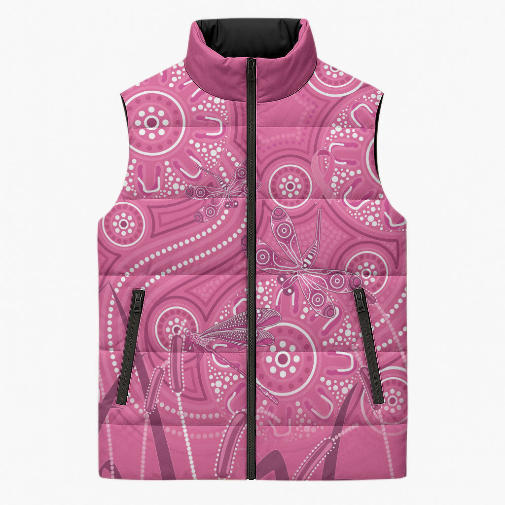 Australia Indigenous Pink Month Sleeveless Puffer Jacket Breast Cancer Aboriginal Dragonflies Ribbon