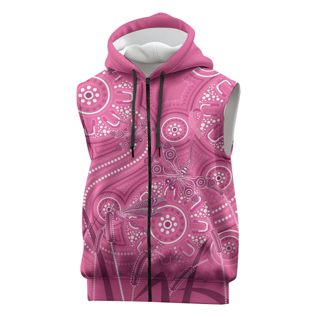 Australia Indigenous Pink Month Sleeveless Zip Hoodie Breast Cancer Aboriginal Dragonflies Ribbon