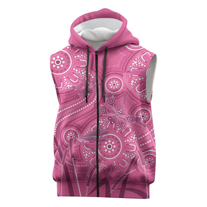 Australia Indigenous Pink Month Sleeveless Zip Hoodie Breast Cancer Aboriginal Dragonflies Ribbon