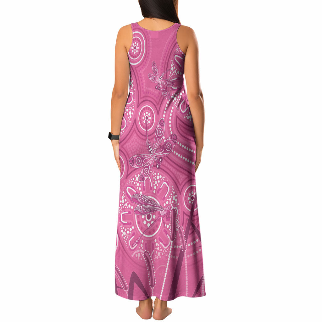 Australia Indigenous Pink Month Tank Maxi Dress Breast Cancer Aboriginal Dragonflies Ribbon