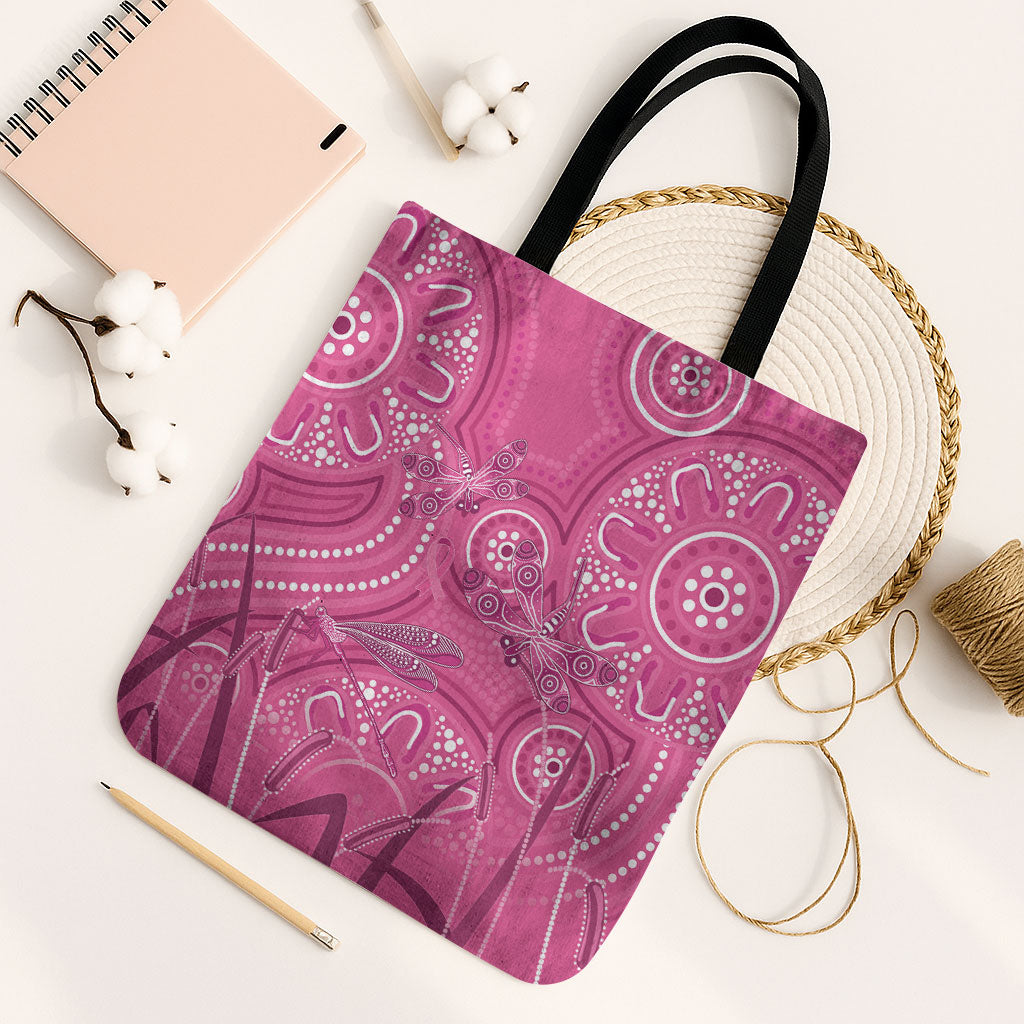 Australia Indigenous Pink Month Tote Bag Breast Cancer Aboriginal Dragonflies Ribbon
