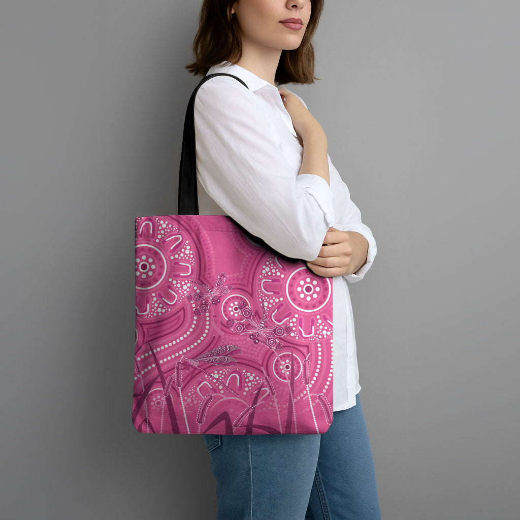 Australia Indigenous Pink Month Tote Bag Breast Cancer Aboriginal Dragonflies Ribbon