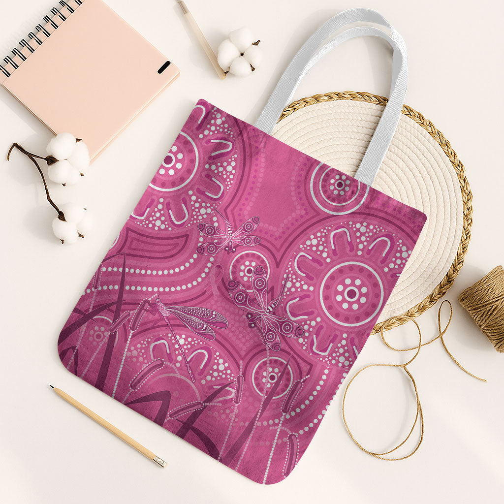 Australia Indigenous Pink Month Tote Bag Breast Cancer Aboriginal Dragonflies Ribbon