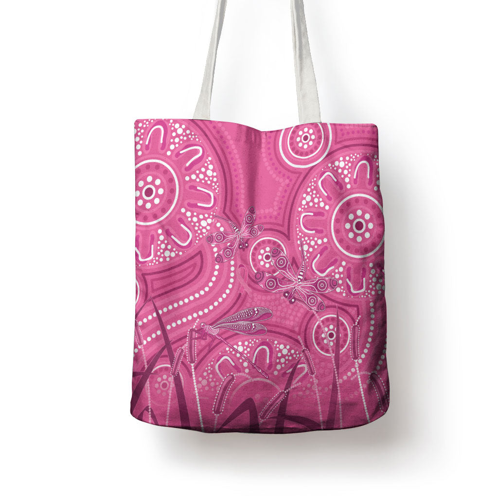 Australia Indigenous Pink Month Tote Bag Breast Cancer Aboriginal Dragonflies Ribbon
