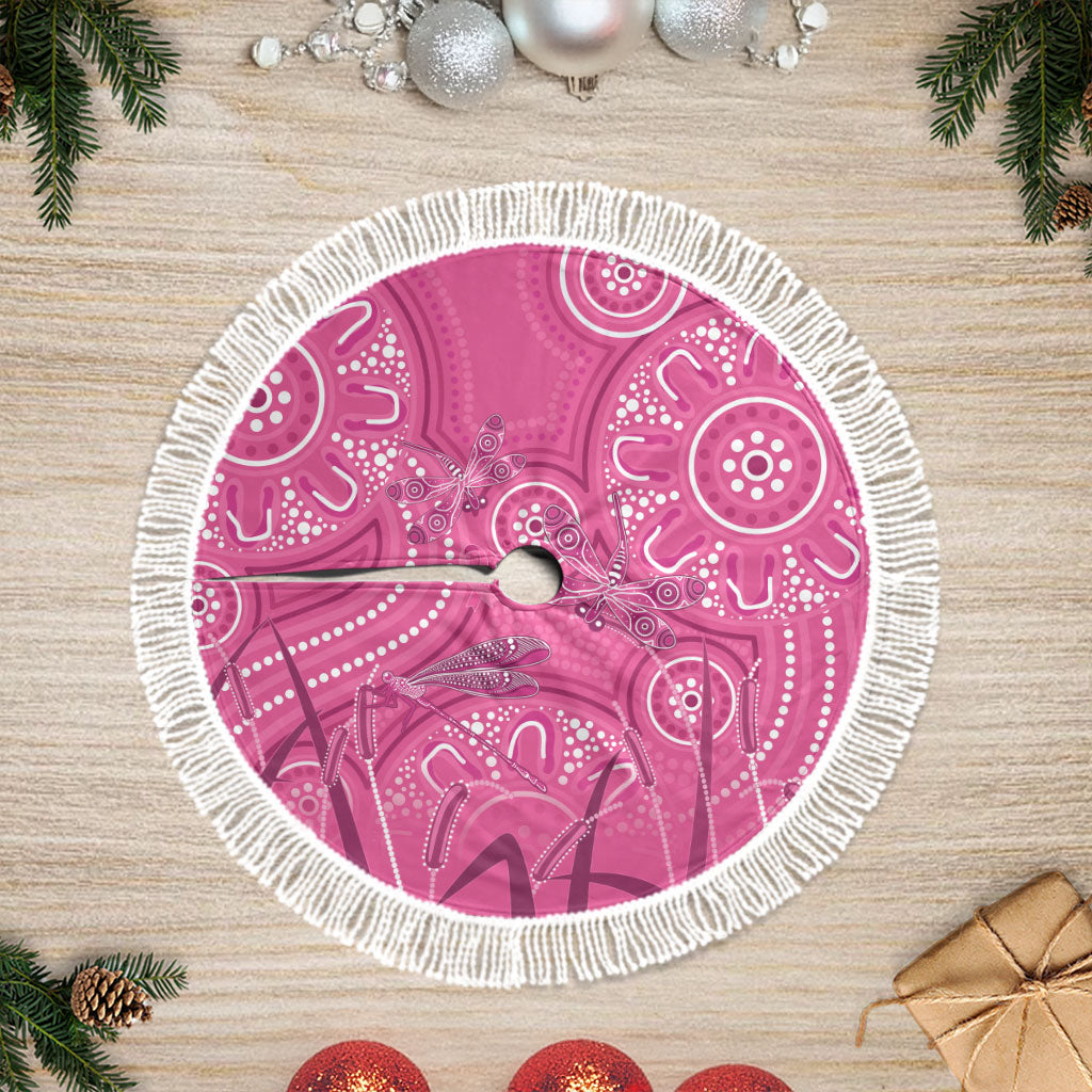 Australia Indigenous Pink Month Tree Skirt Breast Cancer Aboriginal Dragonflies Ribbon
