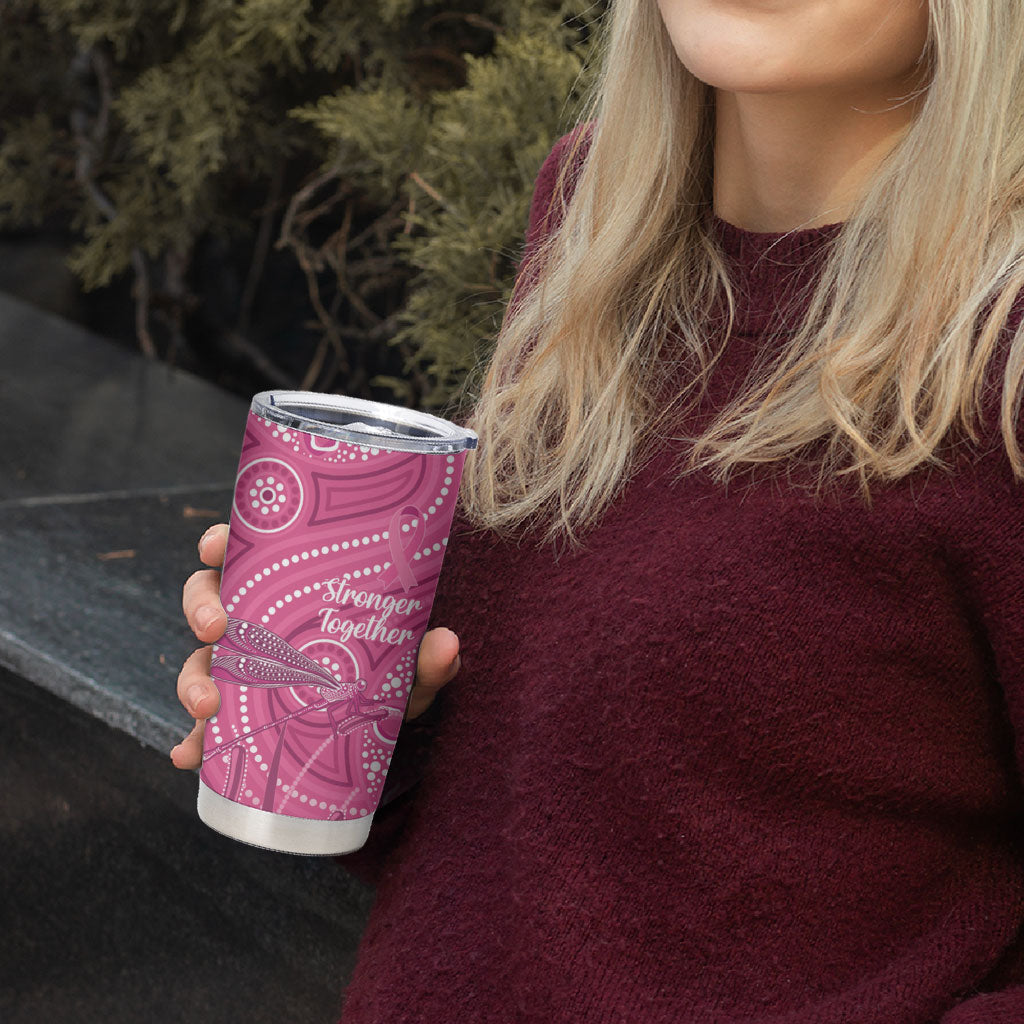 Australia Indigenous Pink Month Tumbler Cup Breast Cancer Aboriginal Dragonflies Ribbon