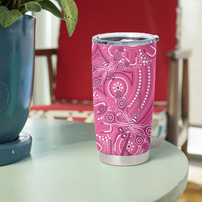 Australia Indigenous Pink Month Tumbler Cup Breast Cancer Aboriginal Dragonflies Ribbon