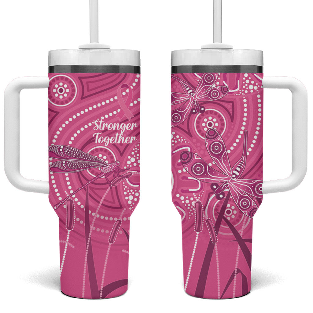 Australia Indigenous Pink Month Tumbler With Handle Breast Cancer Aboriginal Dragonflies Ribbon