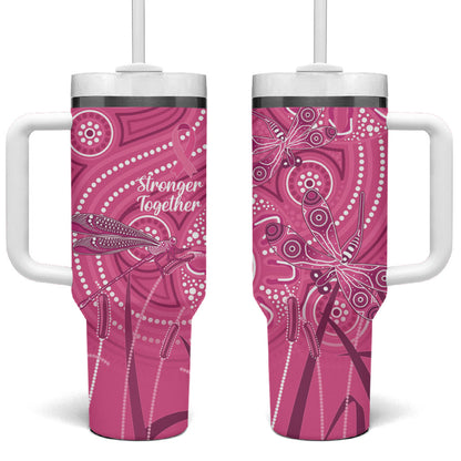 Australia Indigenous Pink Month Tumbler With Handle Breast Cancer Aboriginal Dragonflies Ribbon