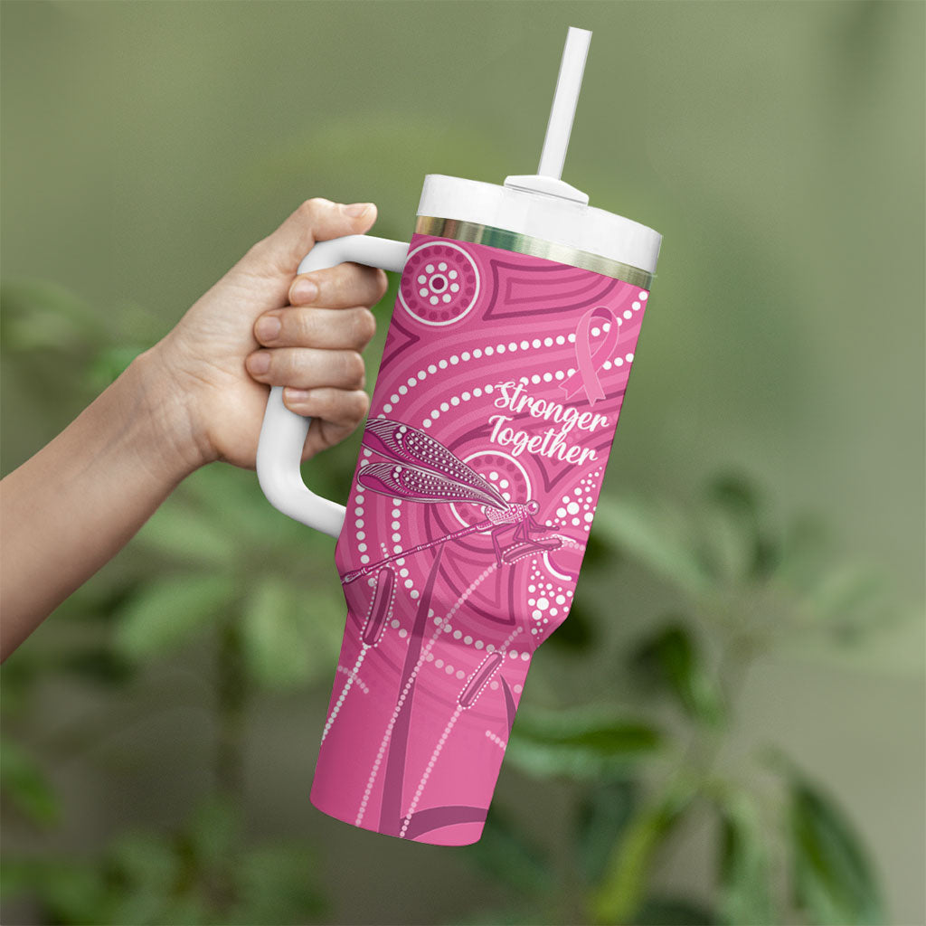 Australia Indigenous Pink Month Tumbler With Handle Breast Cancer Aboriginal Dragonflies Ribbon