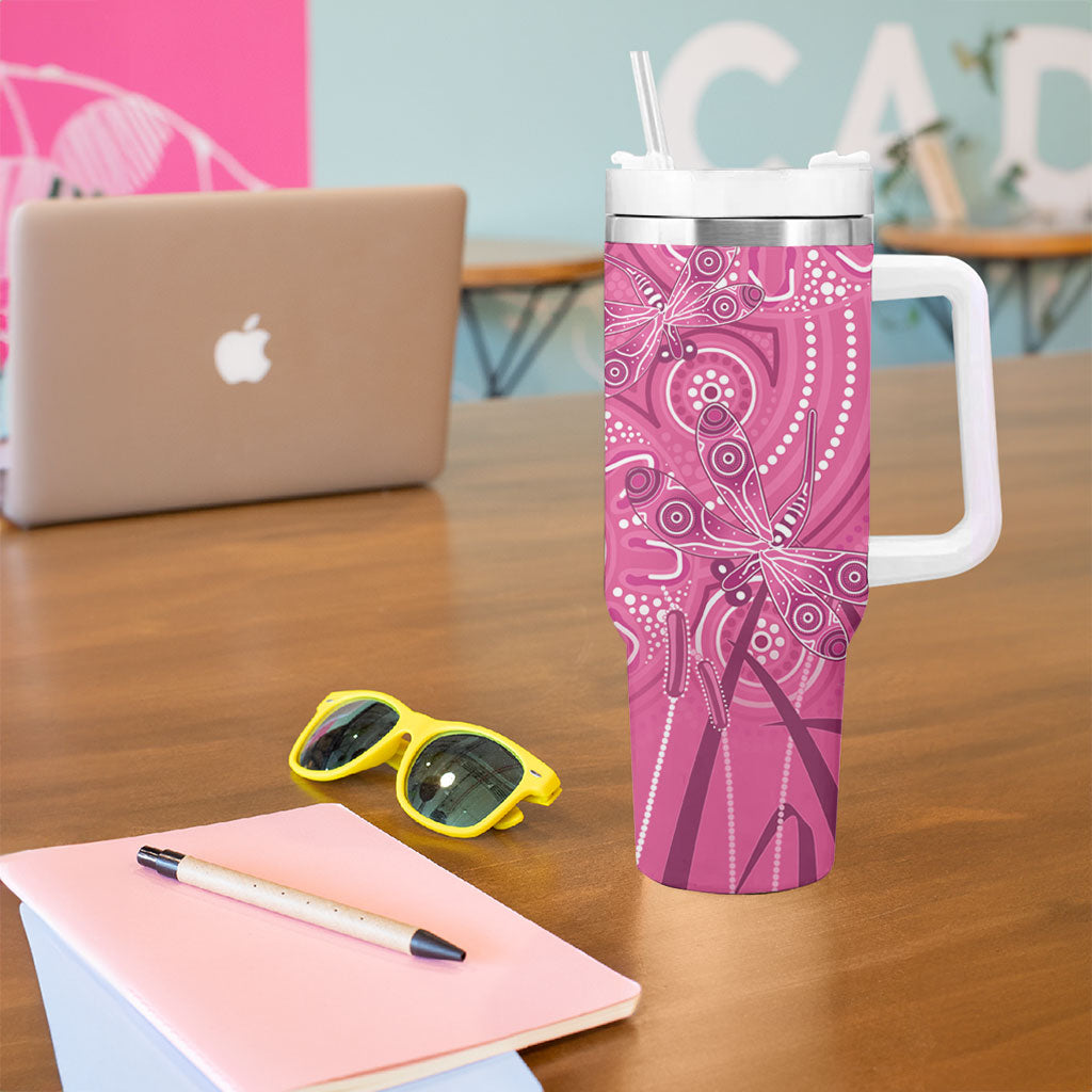 Australia Indigenous Pink Month Tumbler With Handle Breast Cancer Aboriginal Dragonflies Ribbon