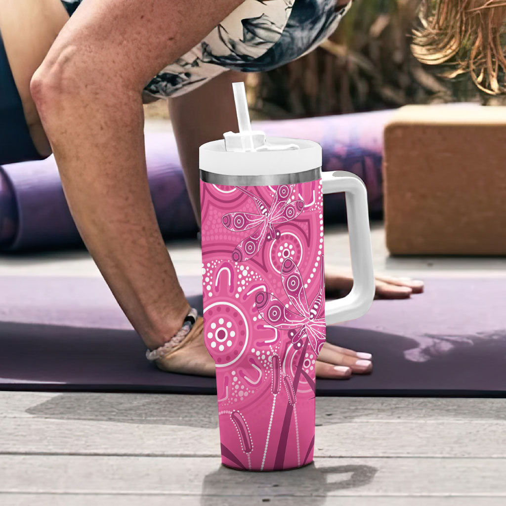 Australia Indigenous Pink Month Tumbler With Handle Breast Cancer Aboriginal Dragonflies Ribbon